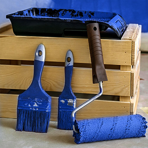 PremiumPro branded blue paintbrushes and paint roller